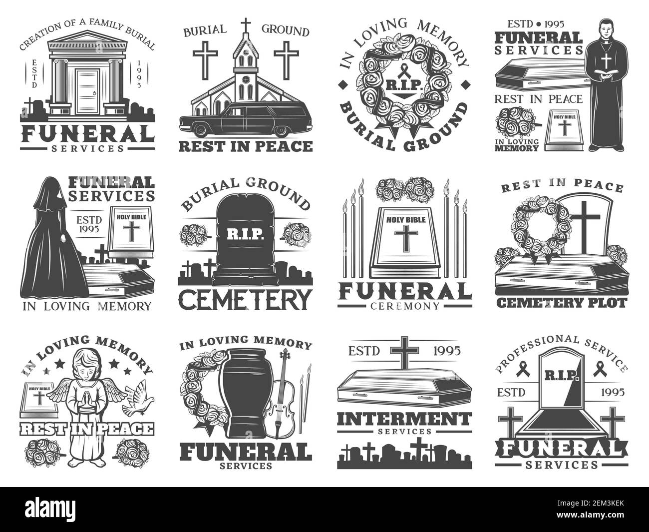Funeral service icons with coffins and cemetery tombstones vector
