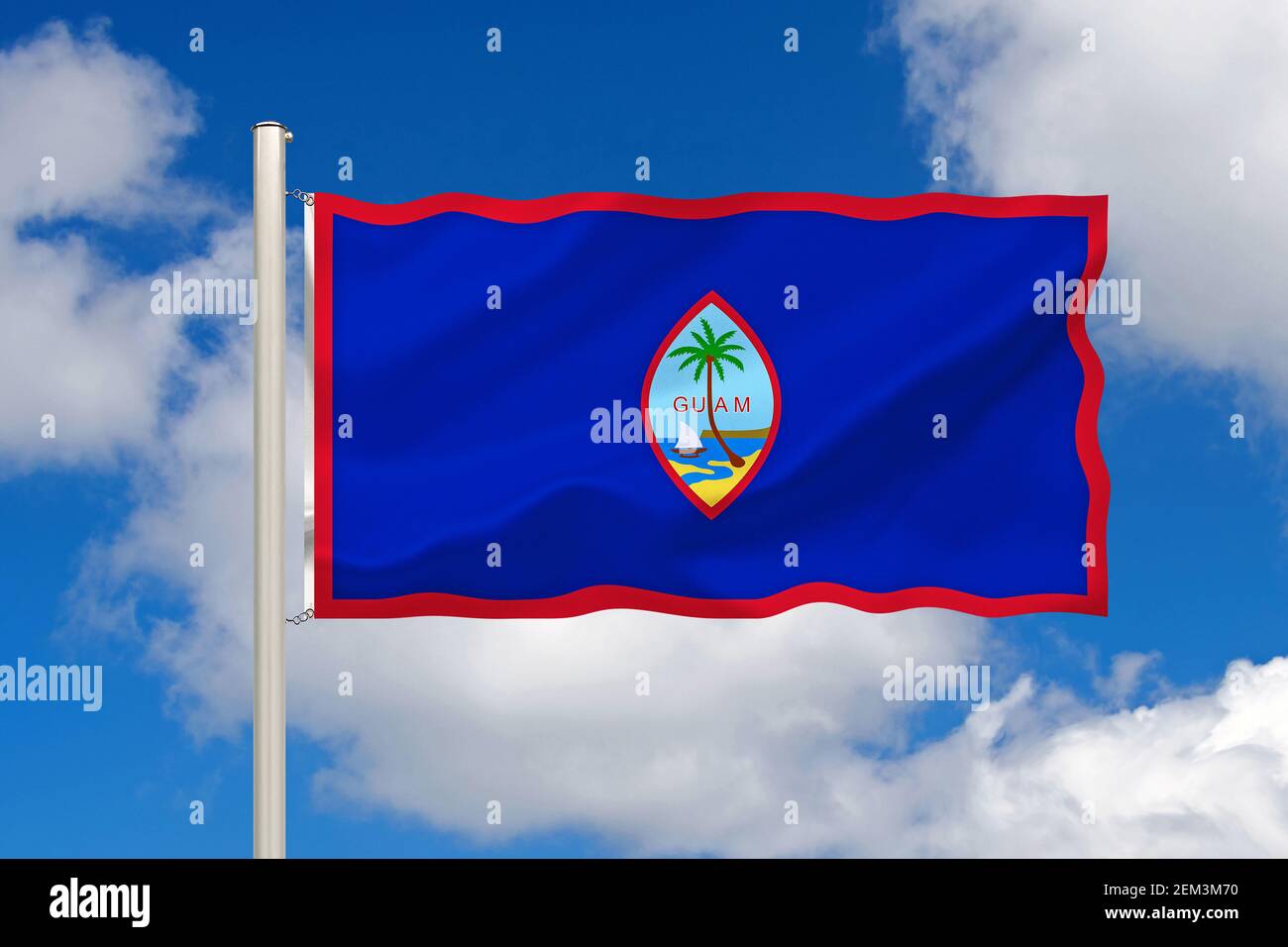 flag of Guam against blue cloudy sky, Guam Stock Photo