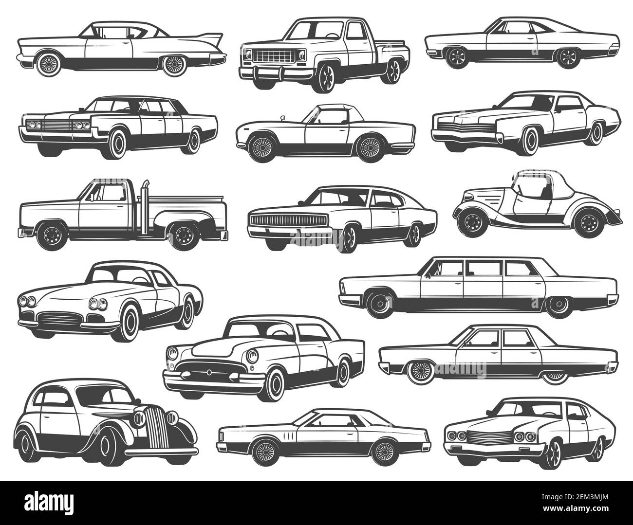 Retro car and vintage auto vector icons. Old classic vehicle models of automobiles, coupe, cabriolet and sedan, sportcar, pickup and mini truck, van a Stock Vector