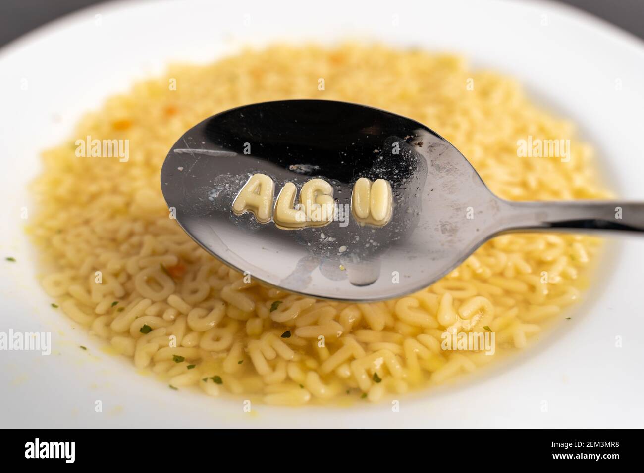 Alphabet soup letters with ALG 2 on the spoon, instant easy fast food because of poverty Stock Photo