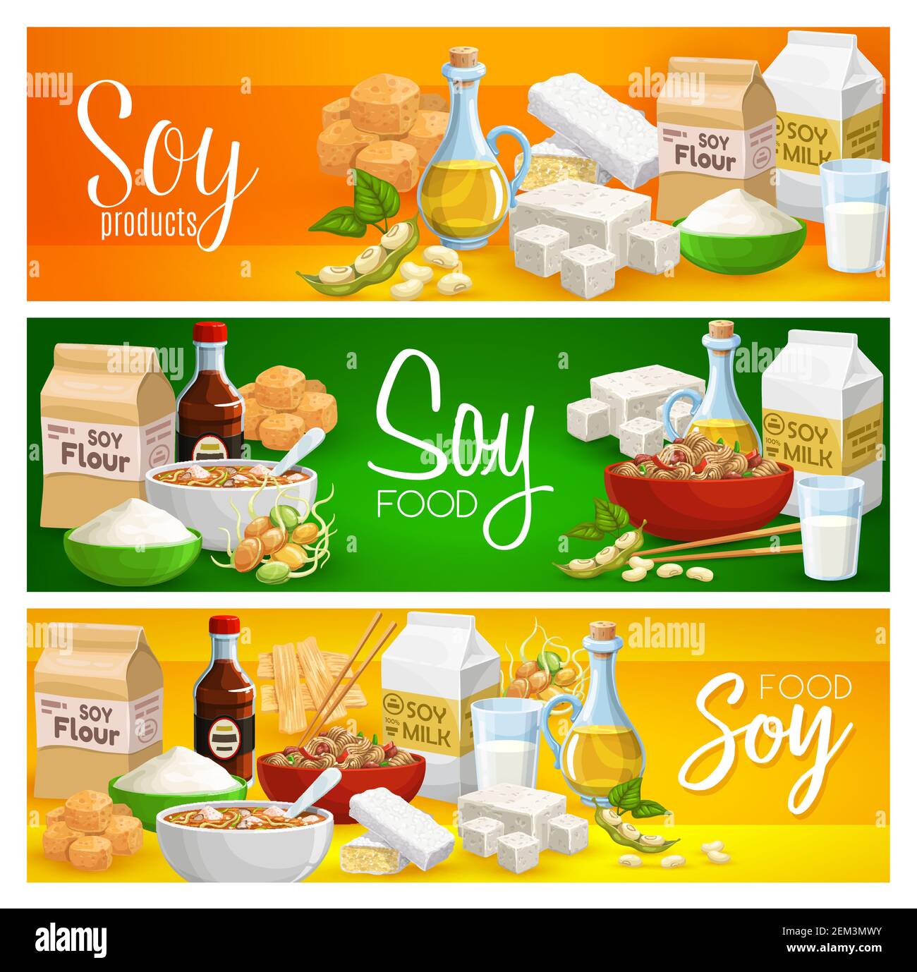 Soy products, organic natural food, soya beans meat and milk. Vector
