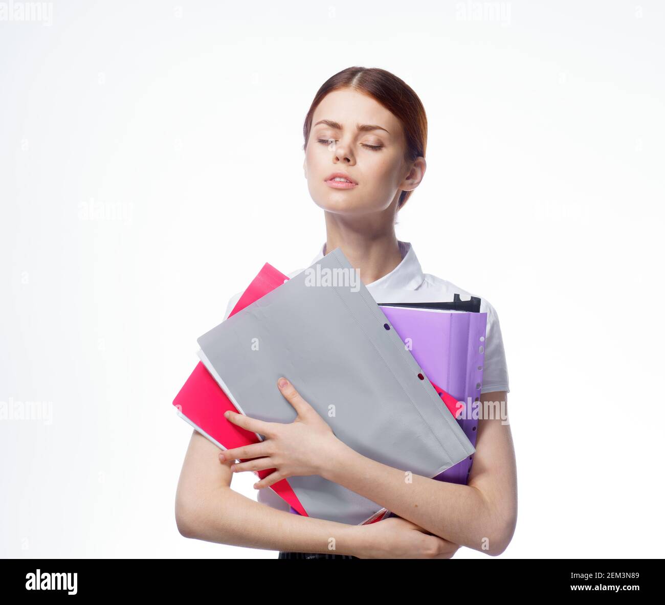 Business woman in white shirt documents manager office light background ...
