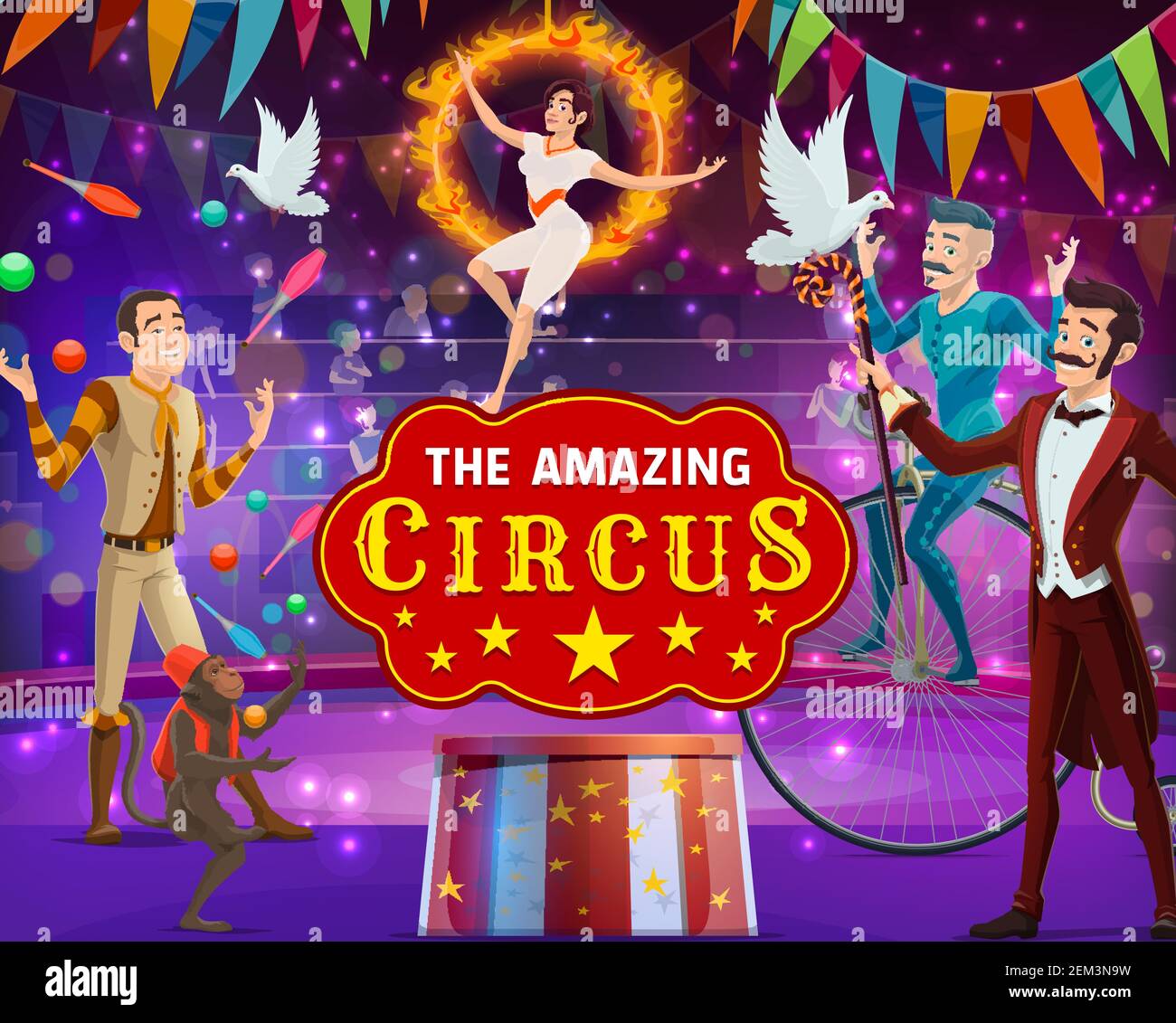 Vintage circus show, magic performance, animal tamers and acrobats on ...