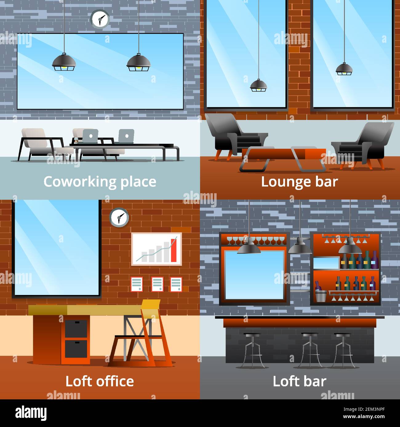 Loft interior elements gradient flat 2x2 design concept with four ...