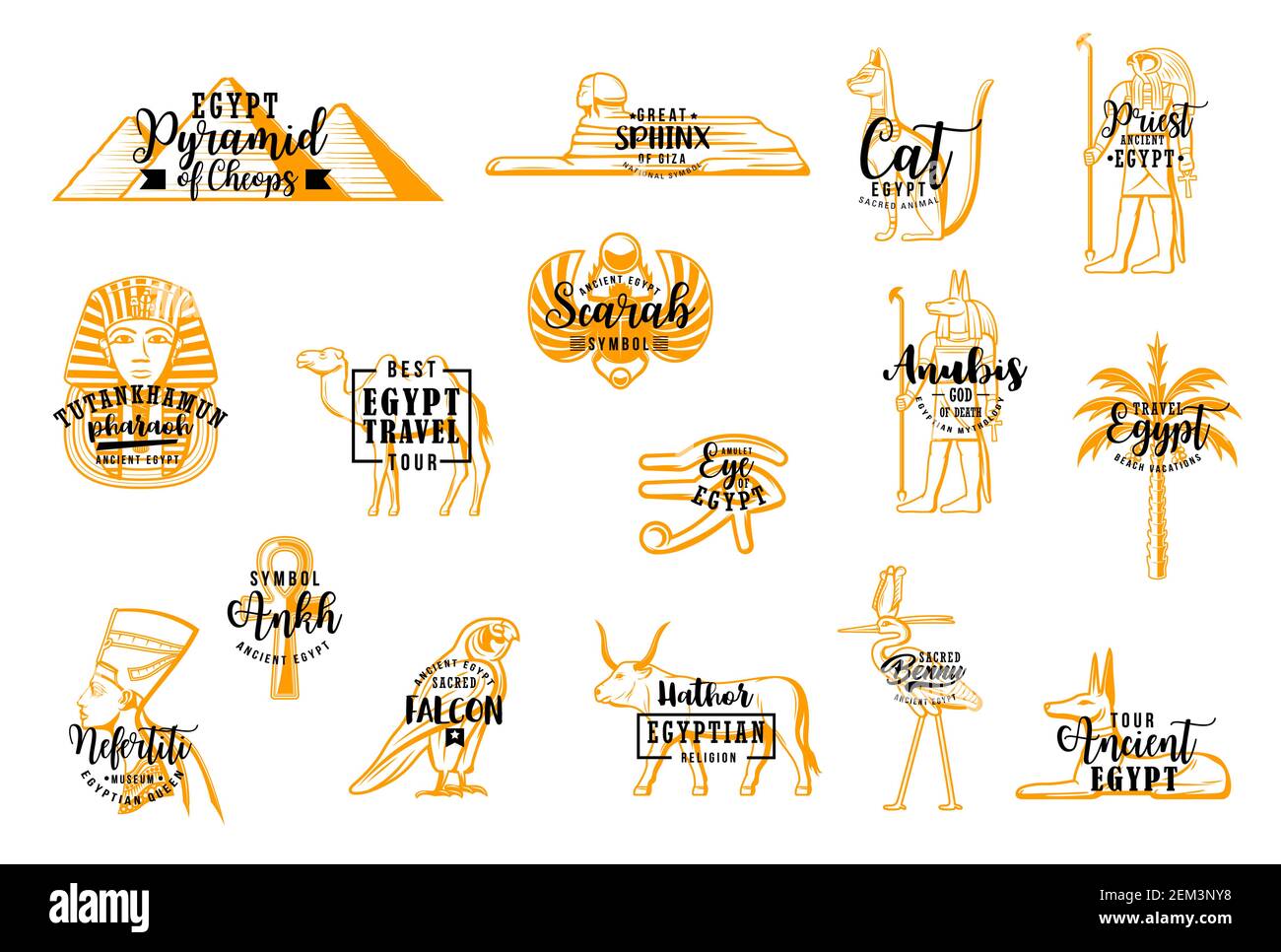Egyptian vector travel icons. Pyramid of Cheops, Sphinx Giza, egyptian cat, priest. Tutankhamun and Scarab, Anubis and palms, ancient Horus and Hathor Stock Vector