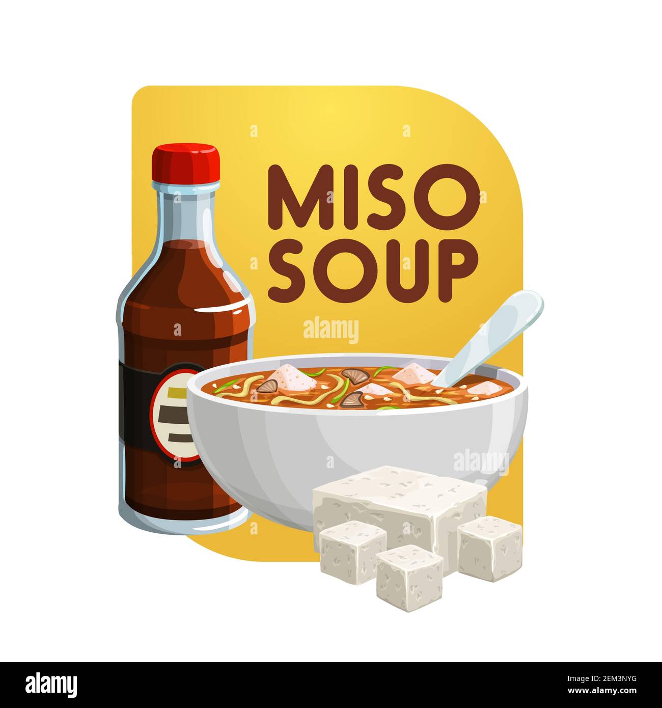 Miso soup, soy food products and healthy vegetarian eating. Vector Japanese cuisine miso soup in bowl with soya cheese or tofu curd and saoy sauce, or Stock Vector