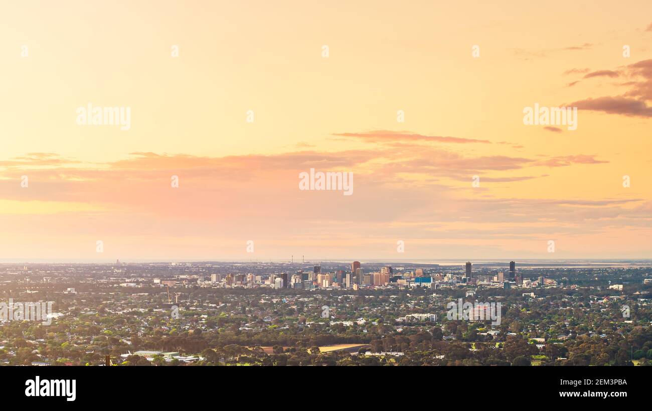 Spectacular view of Adelaide city skyline at dusk viewed from the