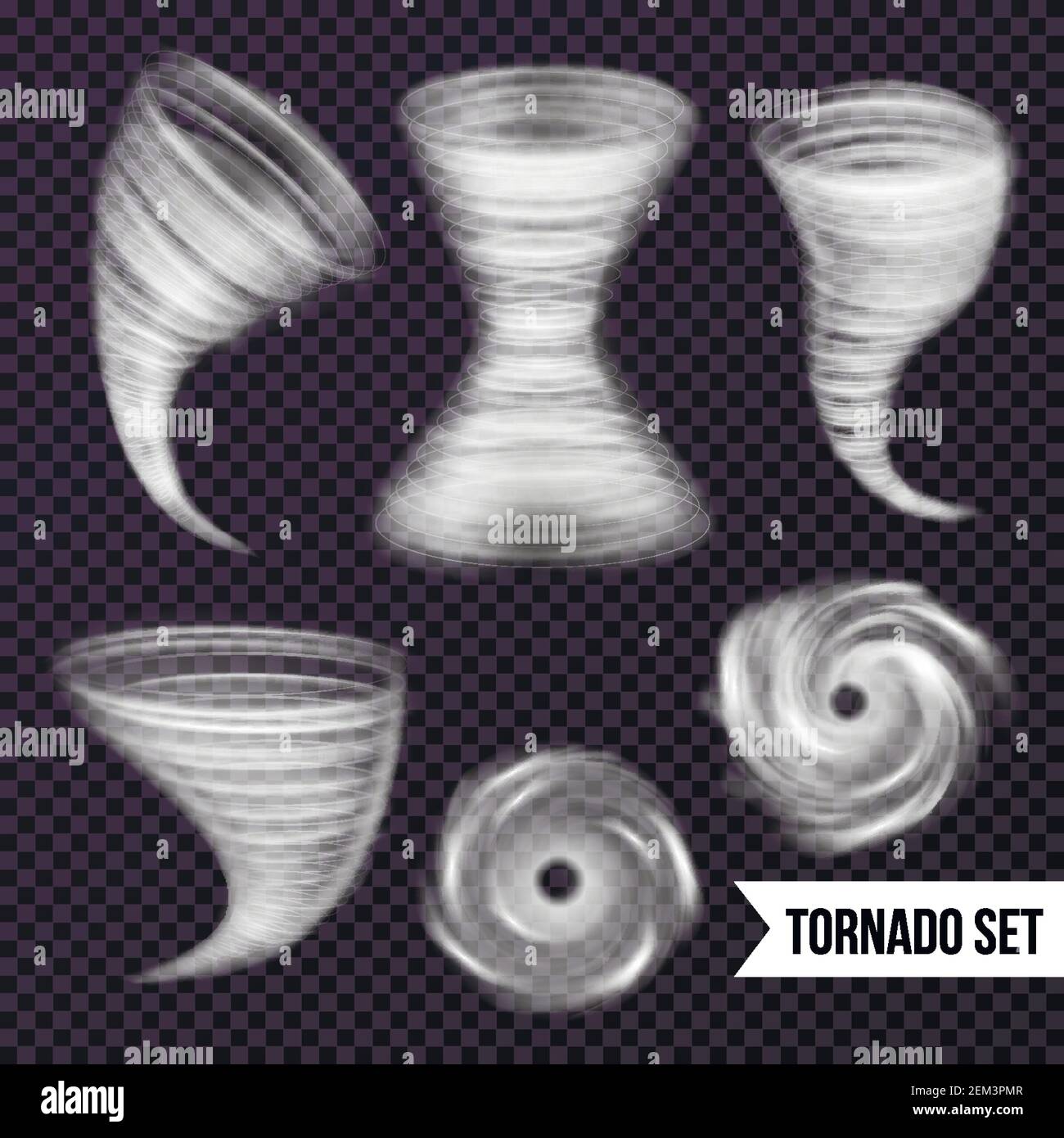 Storm hurricane tornado cyclone realistic set with isolated images of airy spiral swirls on transparent background vector illustration Stock Vector