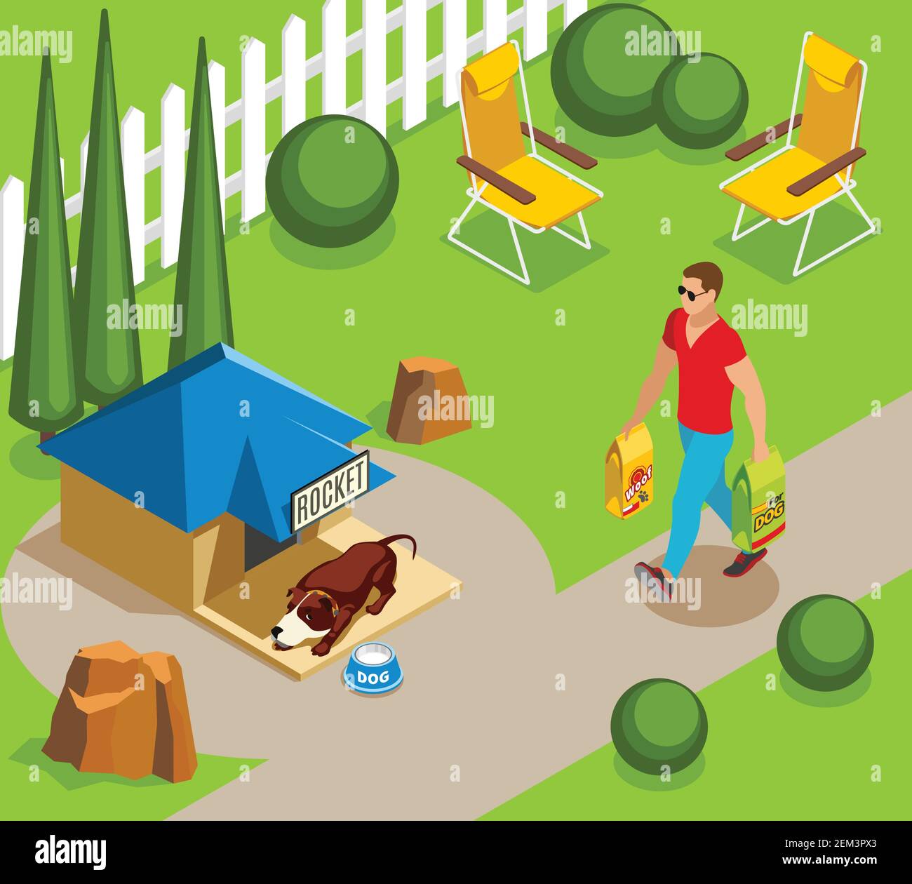 Ordinary life of dog and owner, canine sleep in garden, man with dry feed isometric vector illustration Stock Vector