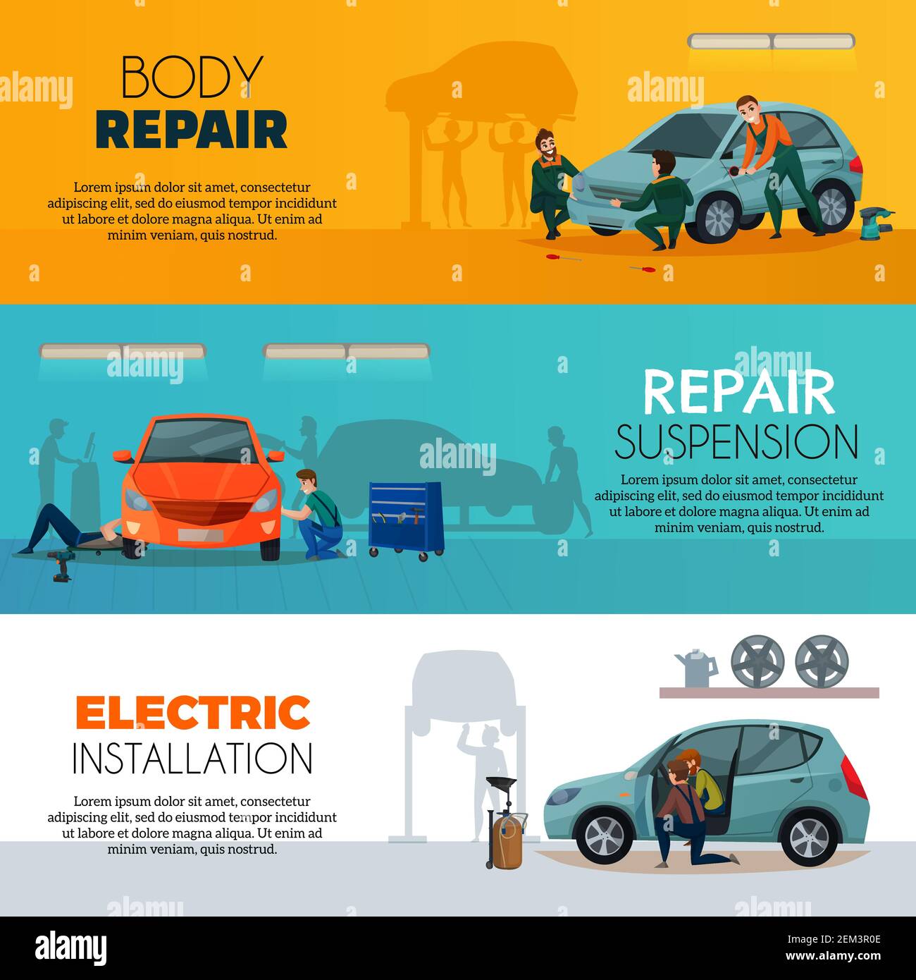 Car service horizontal banners set with body repair symbols flat