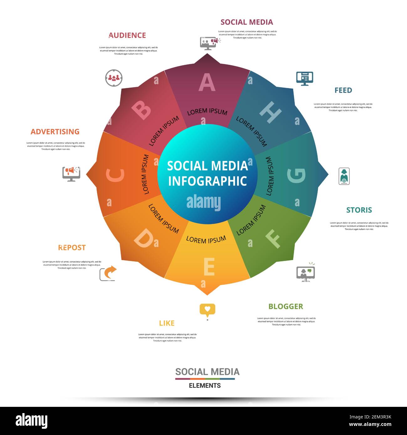Infographic Social Media template. Icons in different colors. Include ...