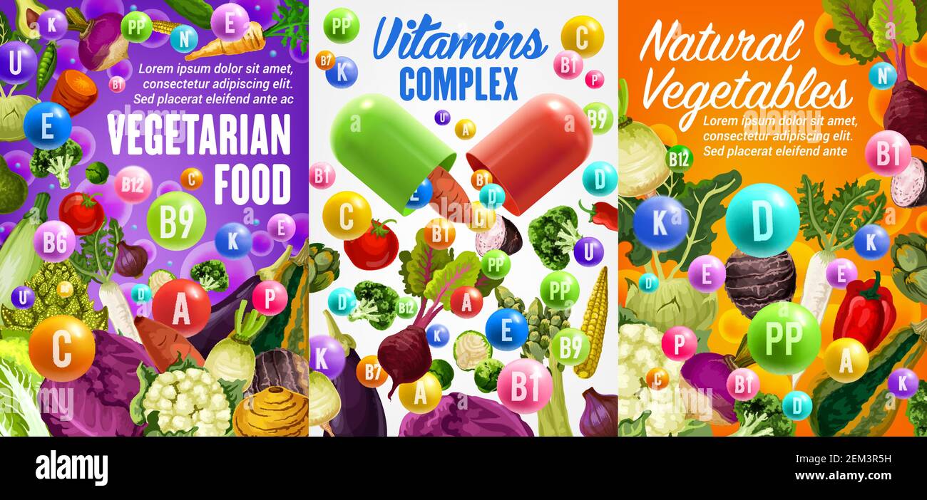 Vegetarian food, vitamins complex and natural vegetables. Vector ...