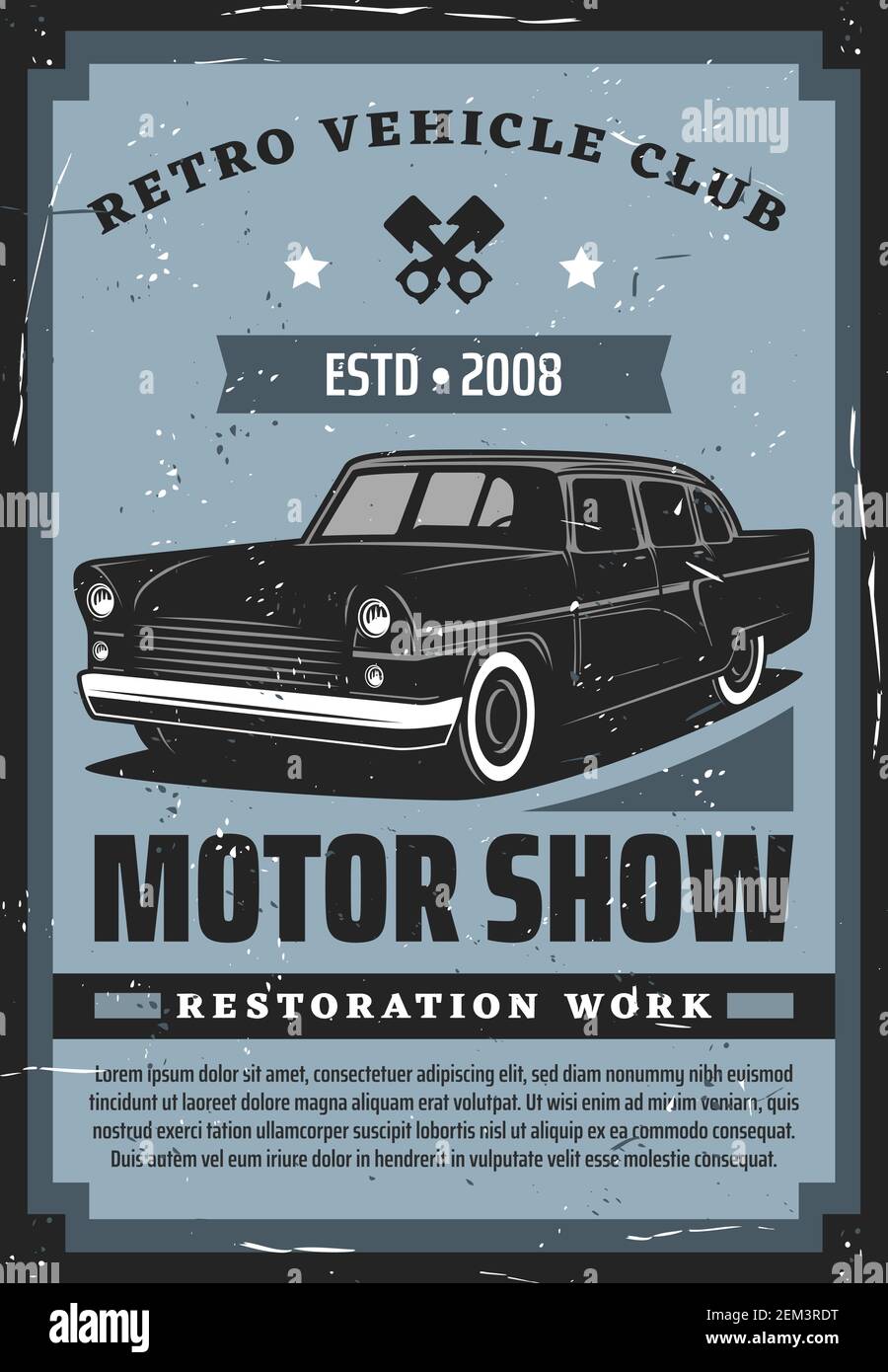 Retro car motor show vector poster, vintage ehicle repair service and mechanic garage station. Car with engine pistons, wheel tires and lights, mainte Stock Vector