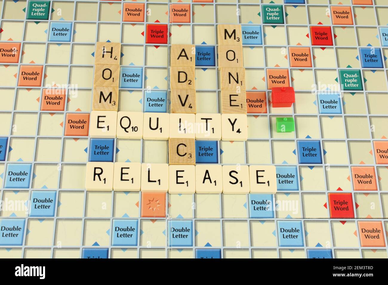 Equity release, phrase on a scrabble board with equity release in white for emphasis Stock Photo