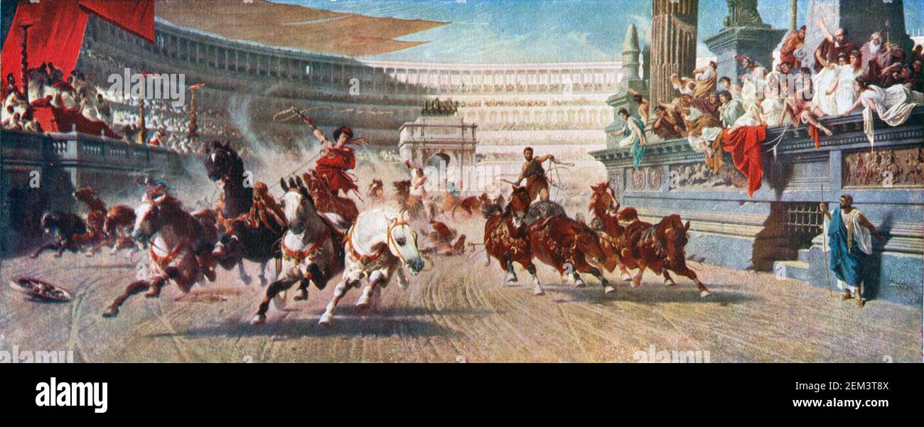 An illustration entitled Roman chariot race at the Circus Maximus showing a chariot race with quadriga or four horse chariots in a Roman stadium or circus dated 1882 and painted by Alexander von Wagner Stock Photo