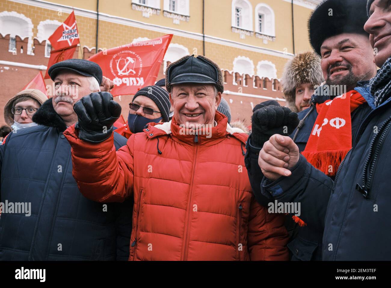 Moscow, Russia. 23rd Feb, 2021. One of the leaders of the Communist Party  of the Russian Federation Valery Rashkin (C) seen at the Kremlin walls.The  Communist Party of the Russian Federation on