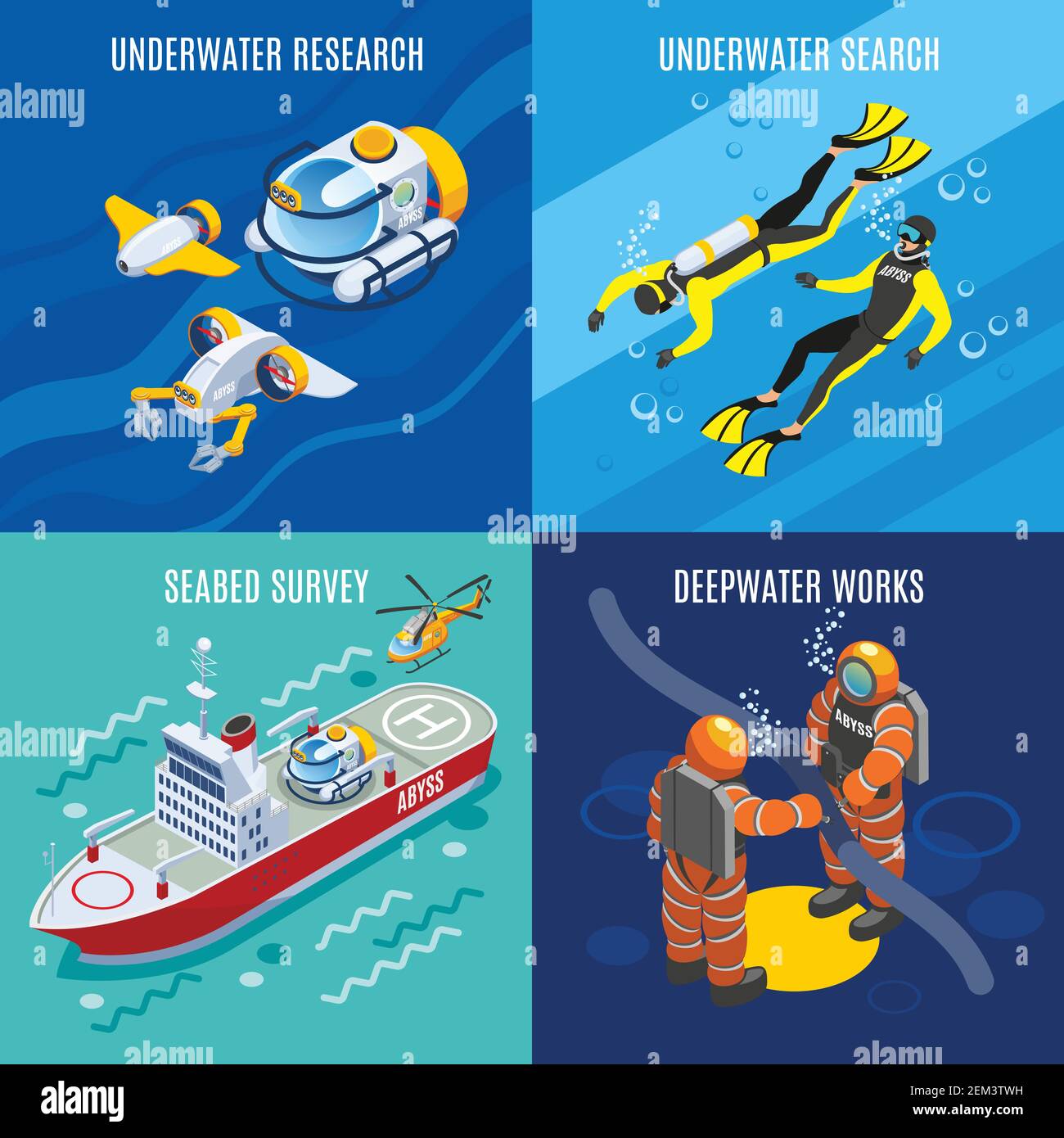 Undersea depths research isometric concept with underwater search, sea bed survey, deep water works isolated vector illustration Stock Vector