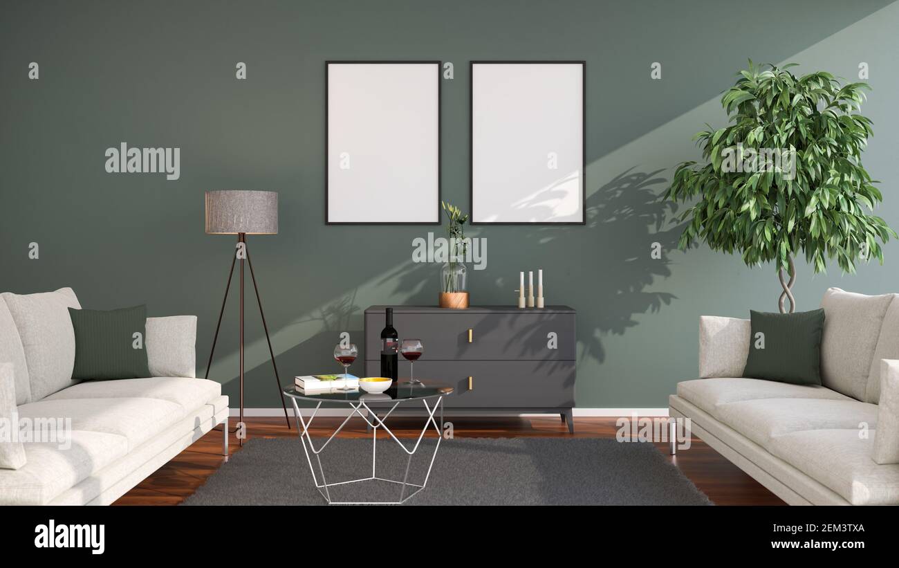 Luxury living room in a loft style appartement with sofa, coffee table, sideboard, floor lamp, carpet, ficus tree. Mockup picture frames on the wall. Stock Photo