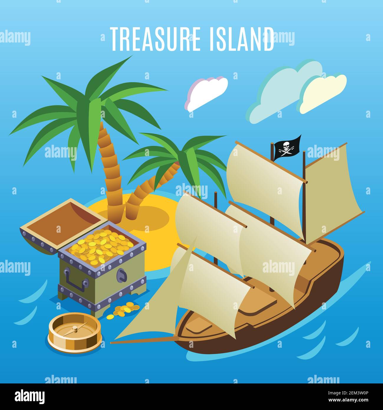 Treasure island with palm trees, pirate sail boat, chest of gold