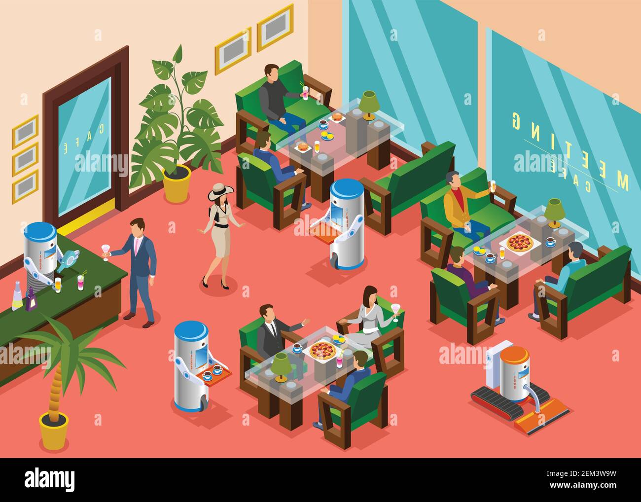 Isometric Colored Robotic Restaurant Composition Hall With Visitors Serviced By Robots Waiters 4775