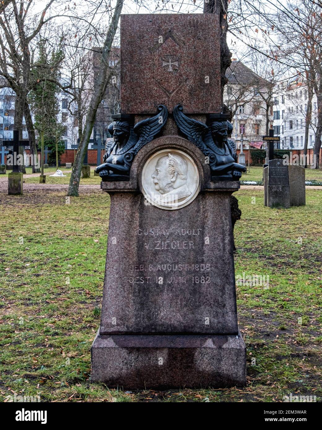 Gustav Adolf V Ziegler Memorial and Crosses in the Military graveyard (Friedhof der Garnisonkirche) in Mitte,Berlin Stock Photo