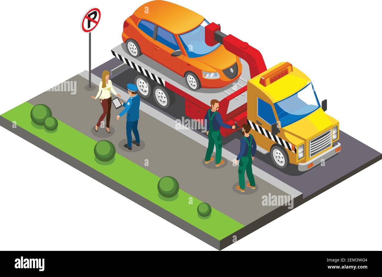 Colored Isometric parking composition with employees take the car to the parking lot because of improper parking vector illustration Stock Vector