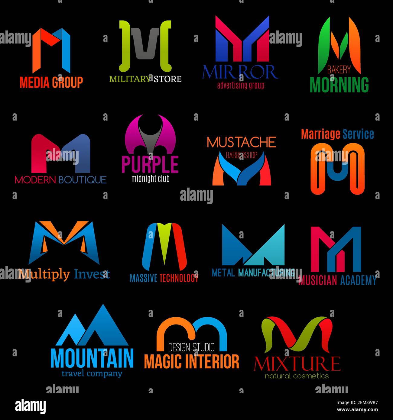 M Letter Corporate Identity Icons And Business Company Brand Signs Vector M Media Group Agency Military Store Or Advertising Studio And Bakery Shop Stock Vector Image Art Alamy