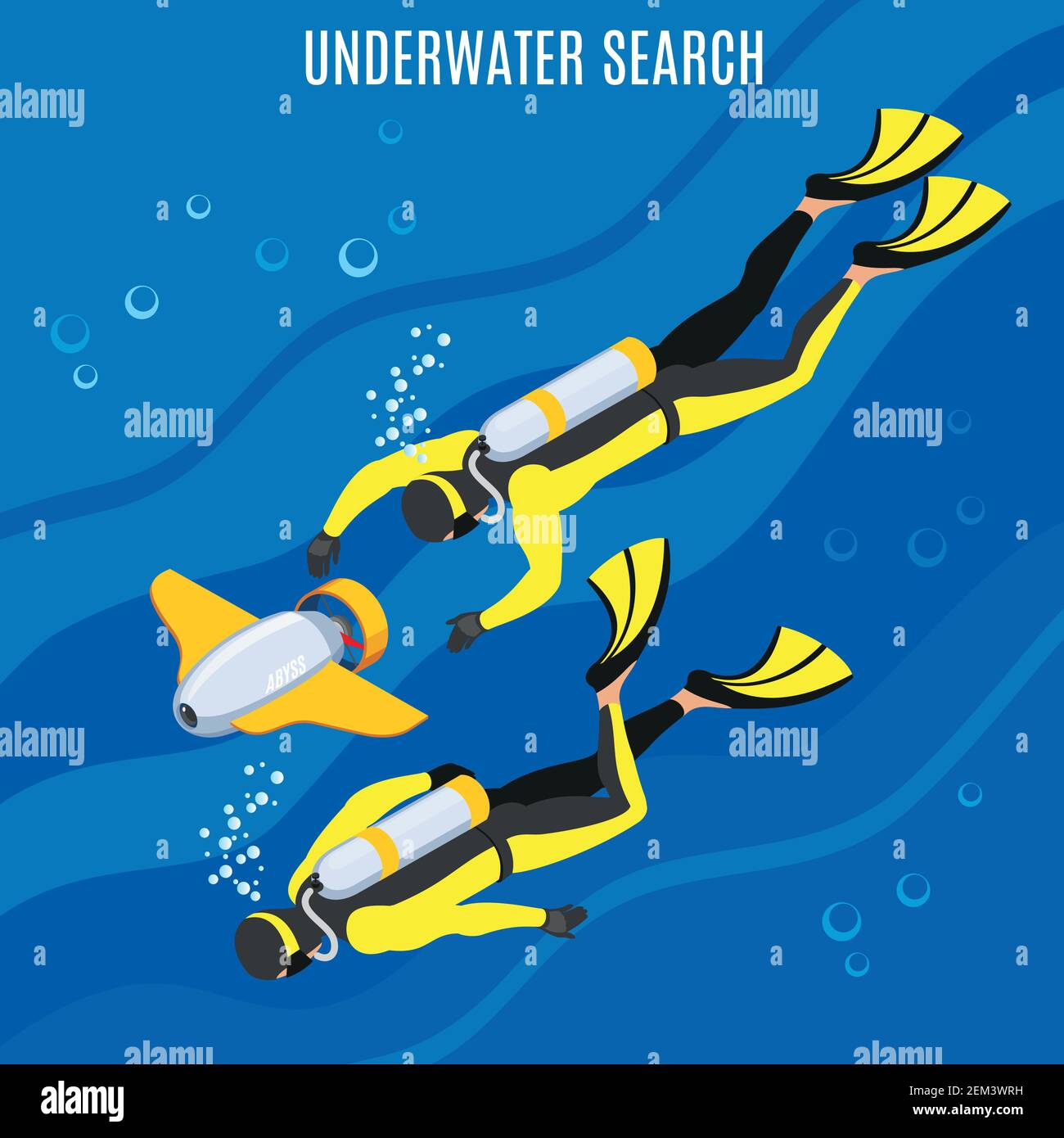 Divers with unmanned equipment during underwater search on blue background with bubbles isometric vector illustration Stock Vector