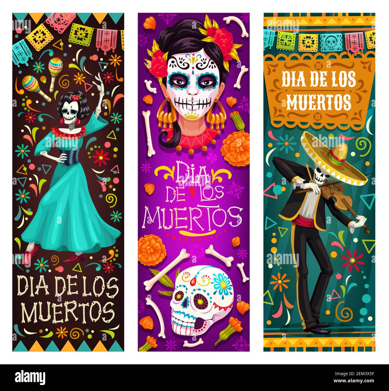 Dia de los Muertos or Day of Dead Mexican holiday banners. Vector ...