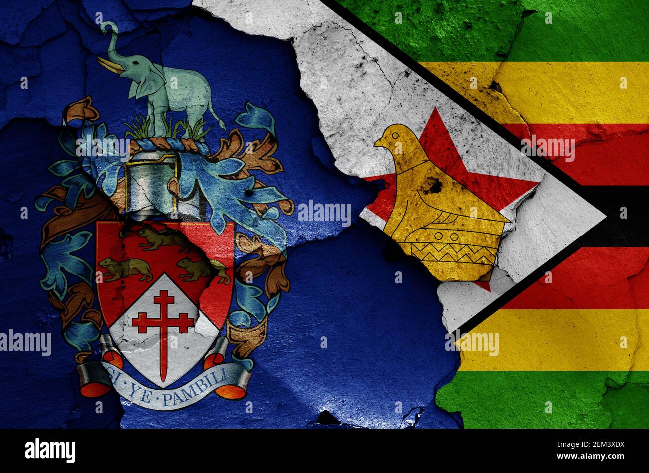 flags of Bulawayo and Zimbabwe painted on cracked wall Stock Photo