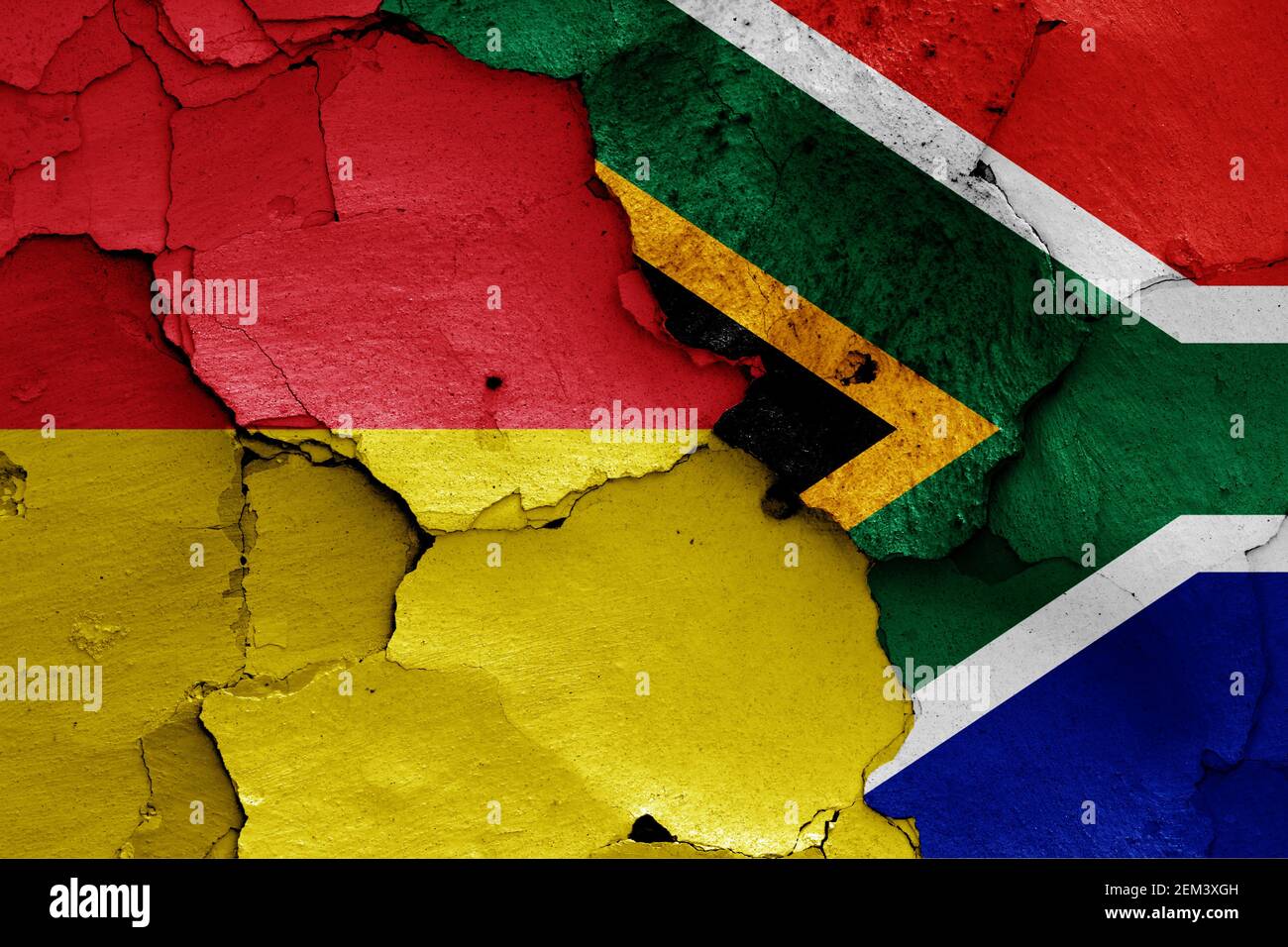 flags of Pretoria and South Africa painted on cracked wall Stock Photo