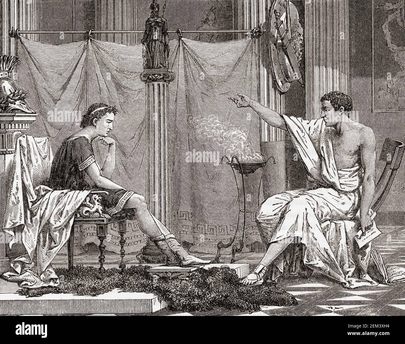 Aristotle tutoring the young Alexander the Great.  Alexander's father, Philip II, King of Macedon, hired the respected Greek philosopher to educate his son.  Alexander III of Macedon, known as Alexander the Great, 356 BC - 323 BC.   Aristotle, 384 BC - 322 BC.   After a 19th century wood engraving. Stock Photo