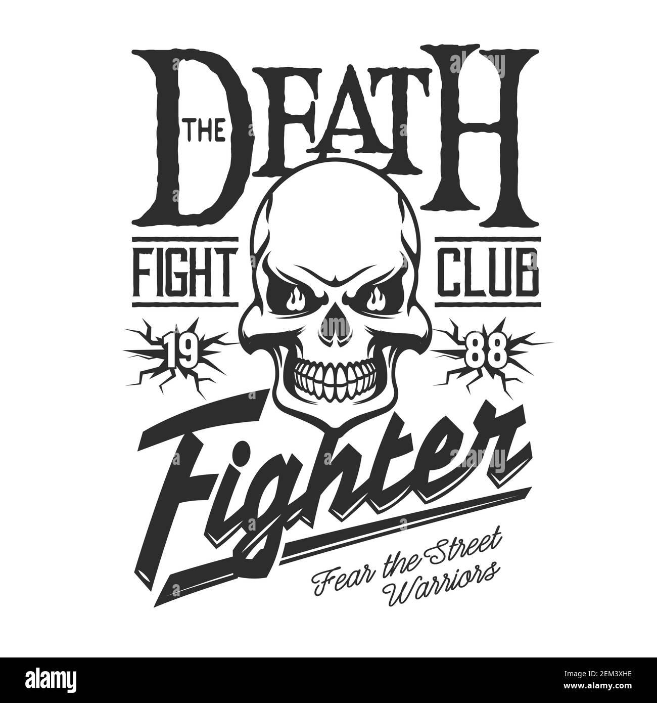Fight club sign, t-shirt print template. Vector death skeleton skull with  anger fire, MMA street fighters and martial arts badge, punch and kick  grung Stock Vector Image & Art - Alamy