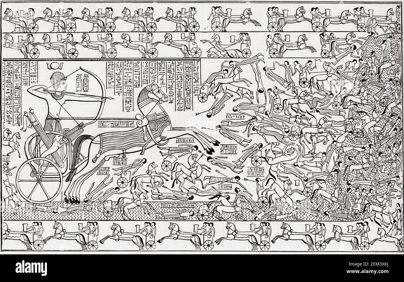 A battle scene from the Rammeseum at Thebes. This slab is in the hypostyle or 'Hall of the Presence' and it represents the capture of a city by Rameses II.   From Cassell's Universal History, published 1888. Stock Photo