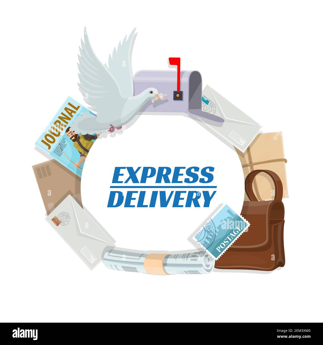 Post mail express delivery, daily correspondence letters and newspapers postage logistics service. Vector journals and magazines, envelopes and parcel Stock Vector
