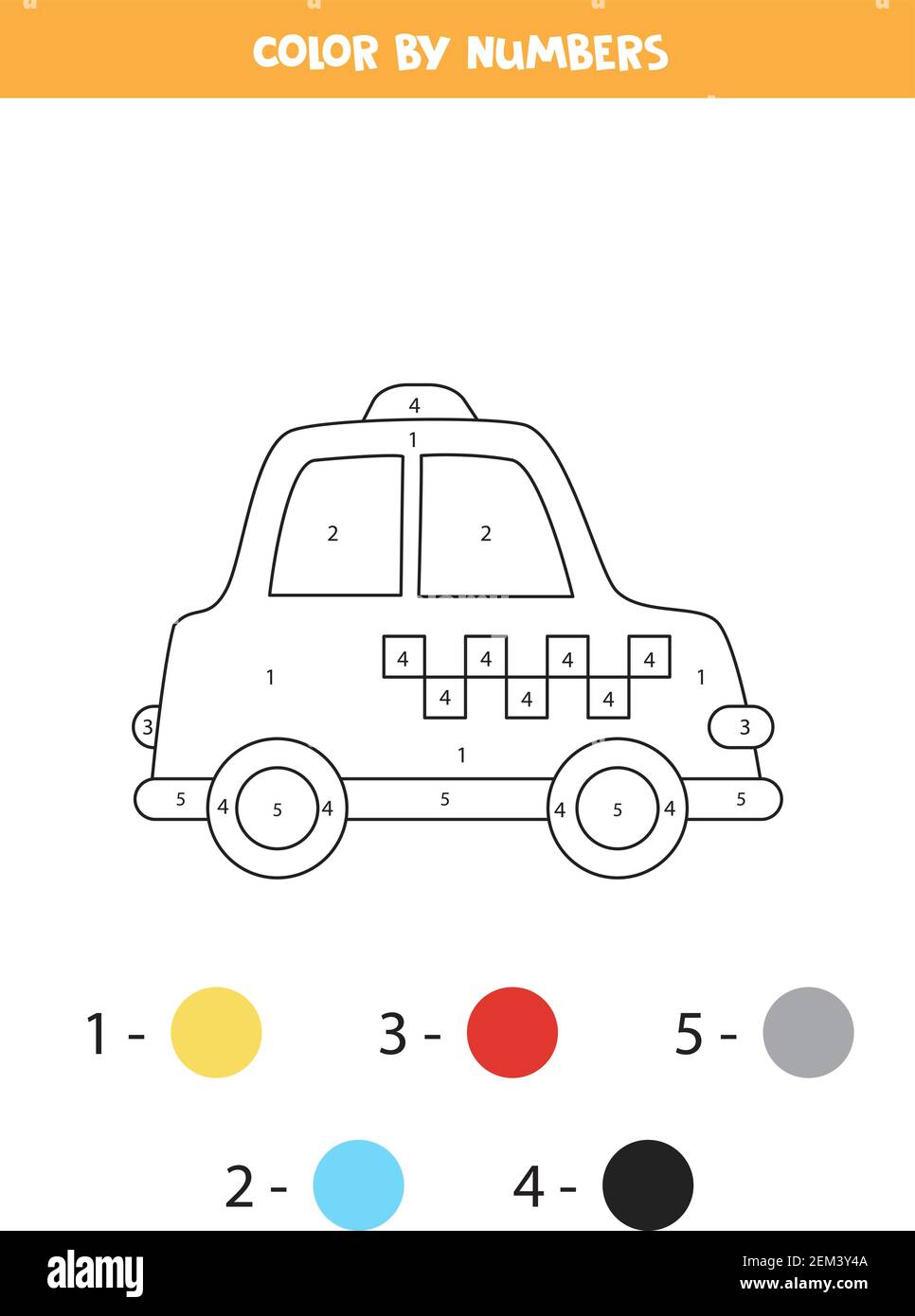 Coloring page with cartoon taxi. Color by numbers. Math game for kids ...