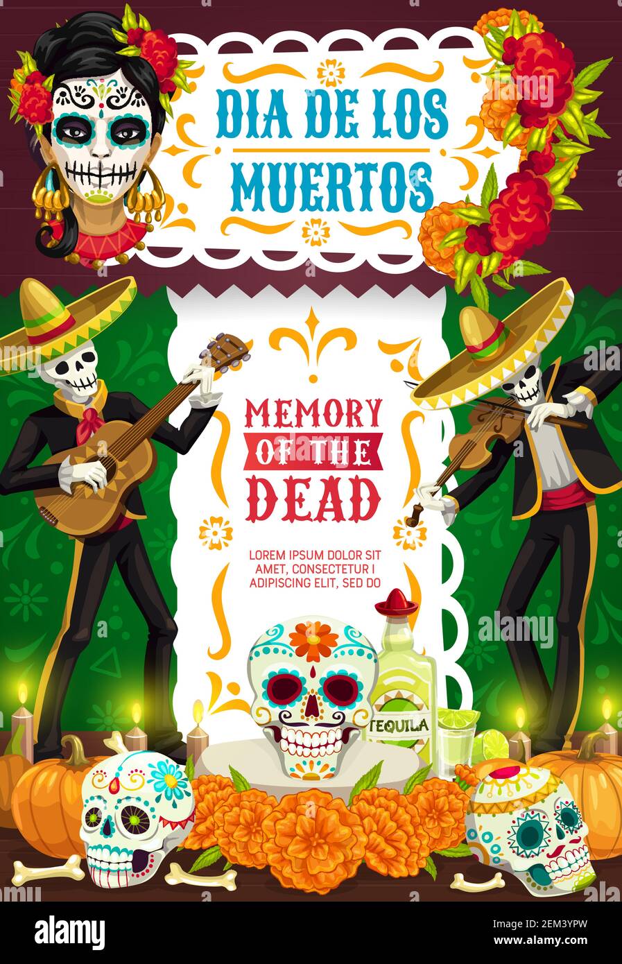 Day of Dead Mexican Dia de los Muertos party fiesta poster of skeletons ...