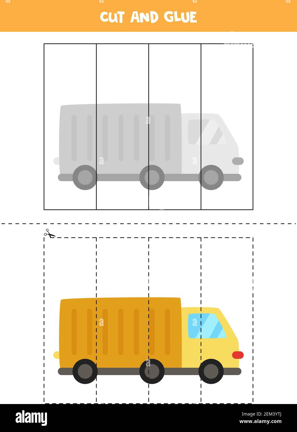Cut and glue game for kids with cartoon truck. Cutting practice for ...