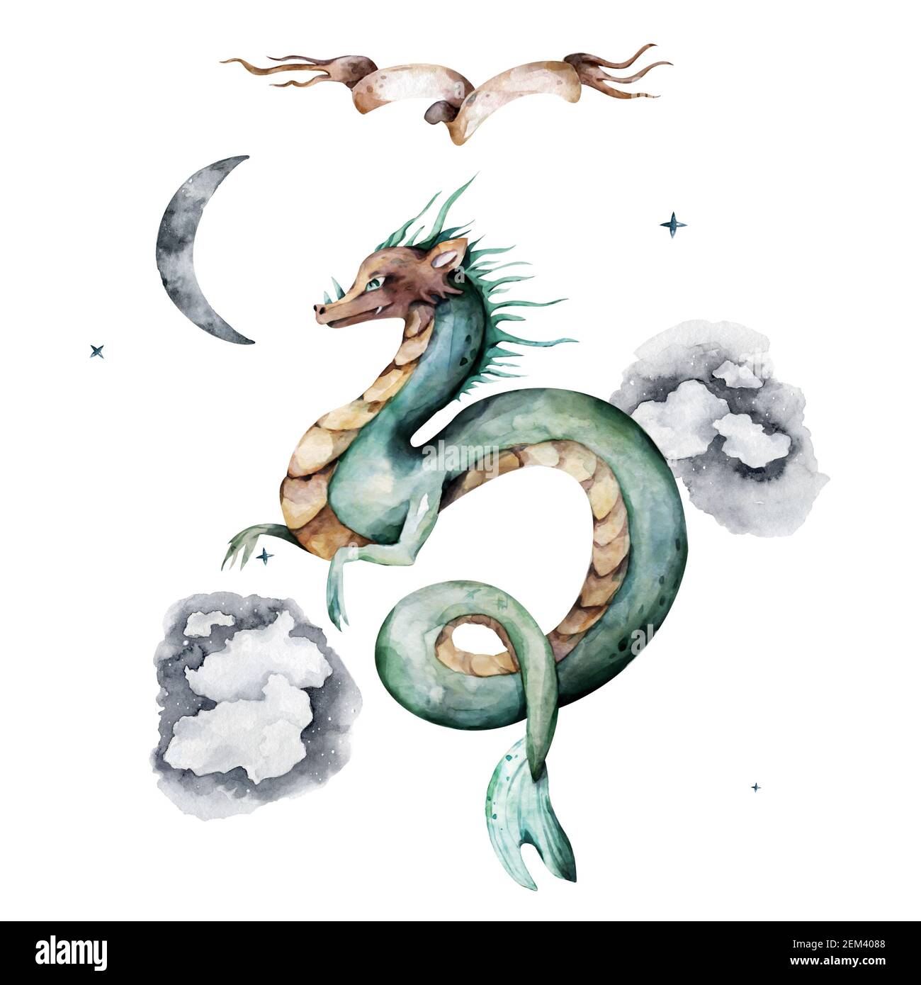 Golden and green cute dragon. Hand drawn watercolor cartoon isolated ...