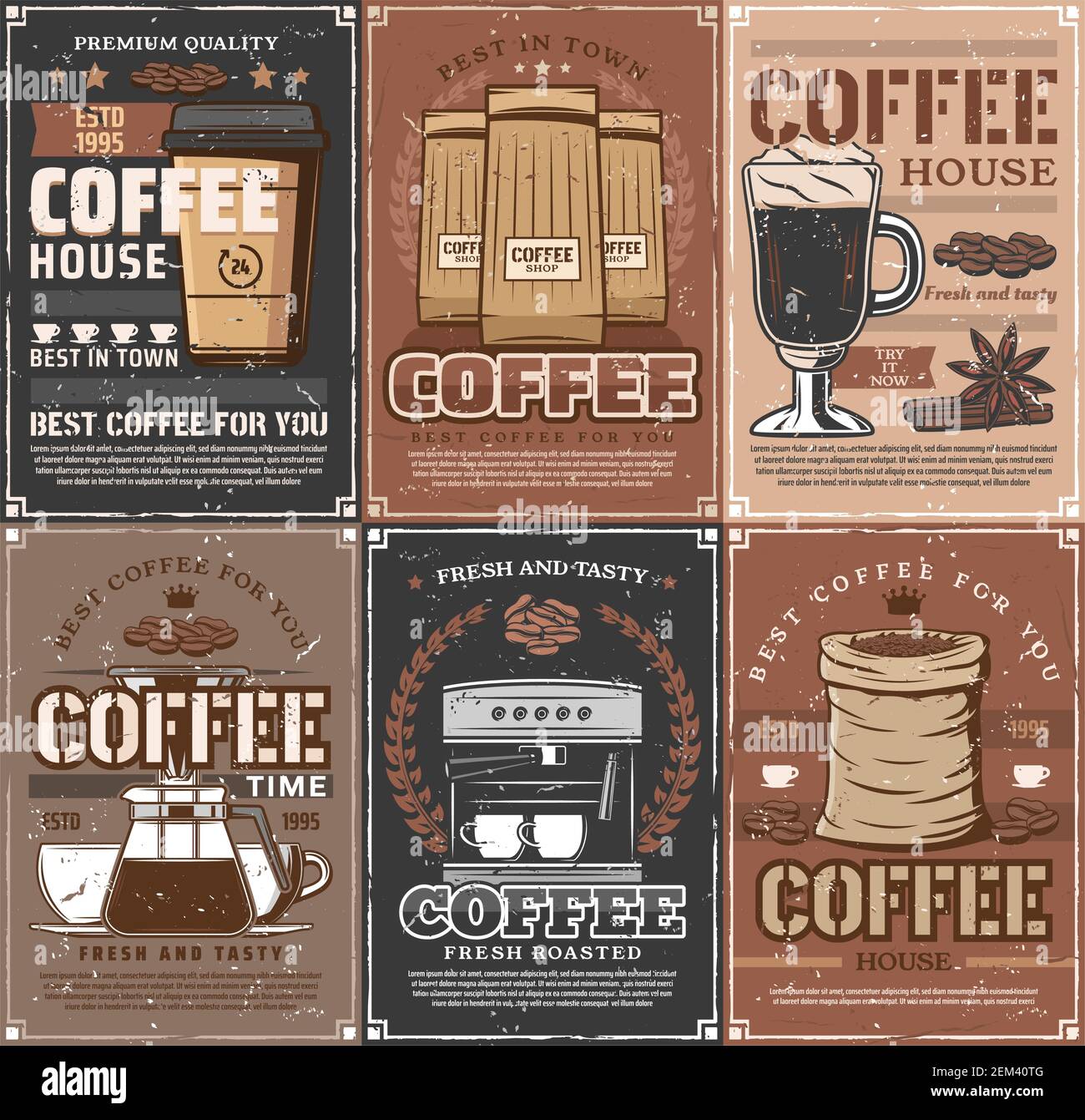 Coffee cups, beans and espresso machine, coffee pot, takeaway paper mug ...