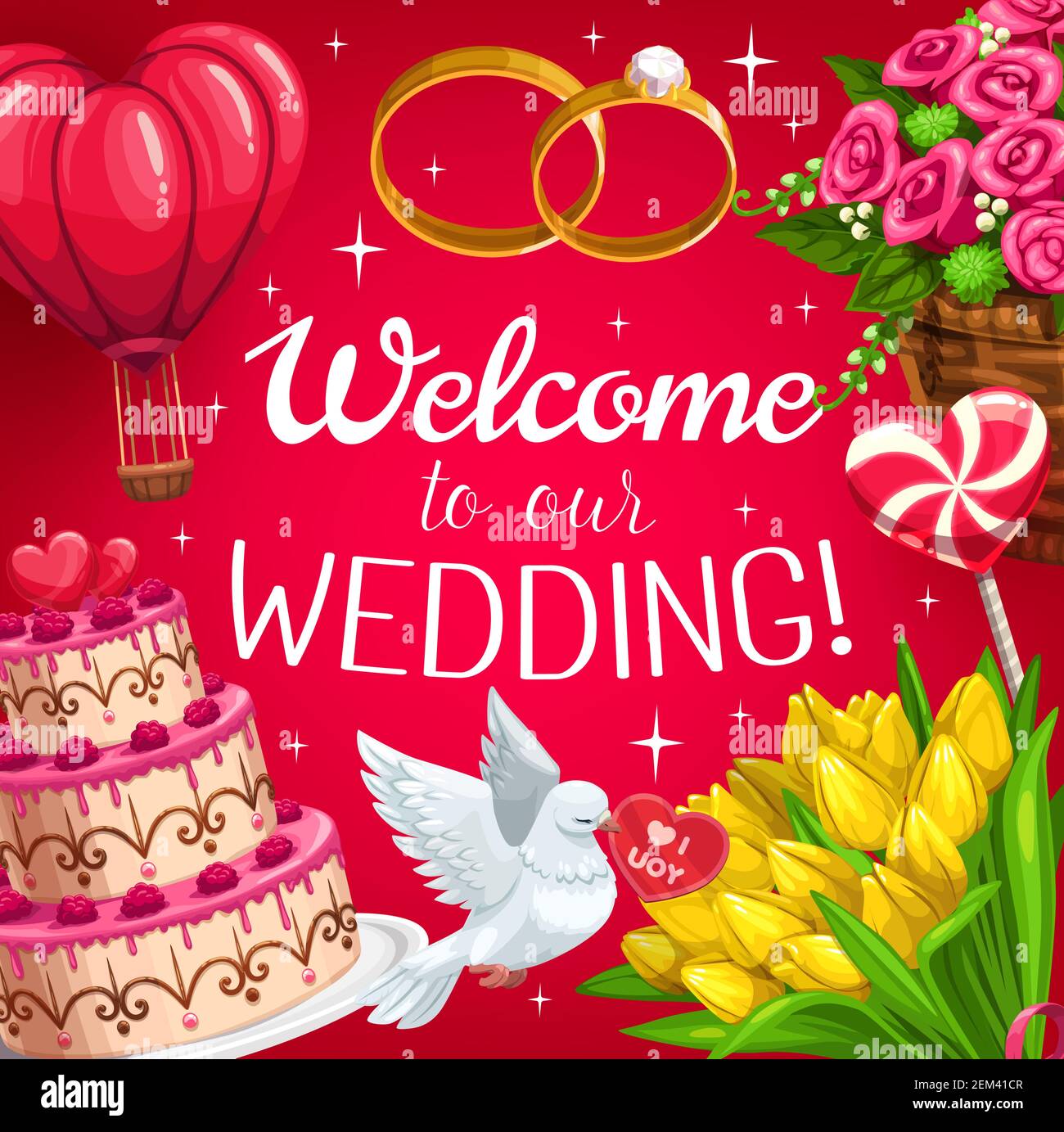Wedding rings, love heart and cake vector invitation. Bridal bouquets ...
