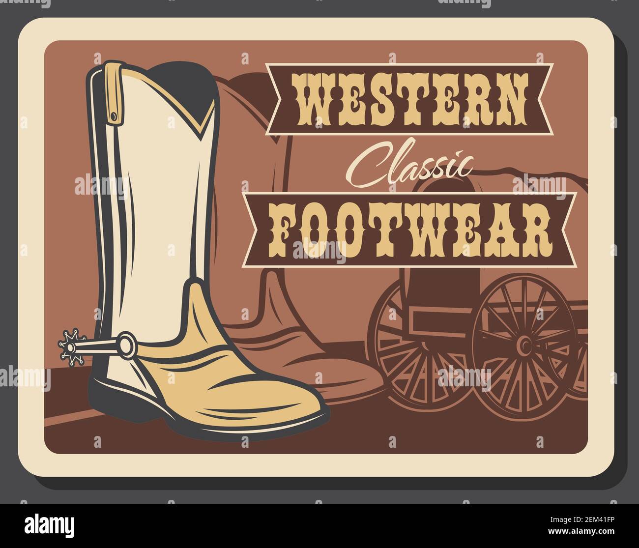 Western footwear, Wild West vintage retro poster. American Texas cowboy shoe shop or boots with spurs, leather footwear shoemaker company, Indigenous Stock Vector