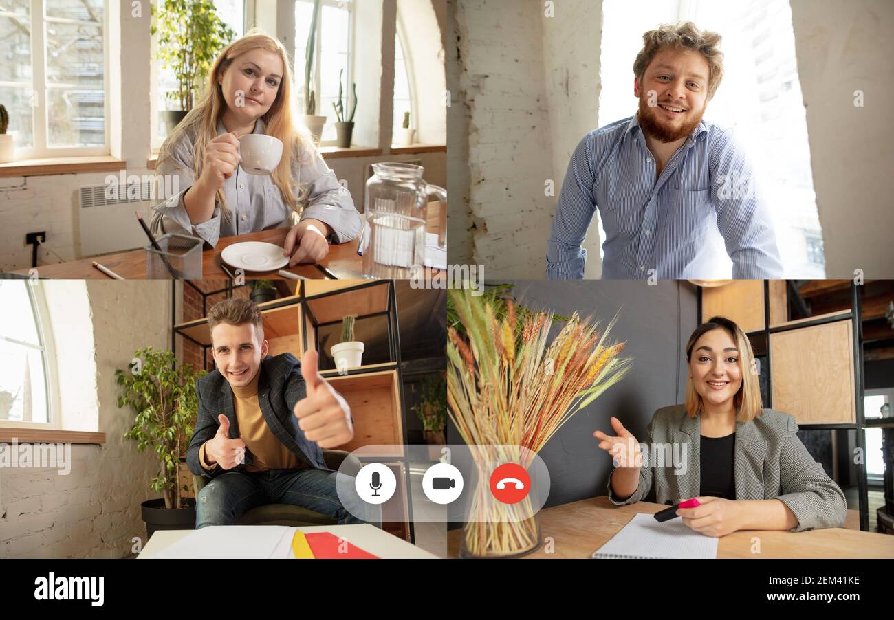 Team working by group video call share ideas brainstorming use video ...