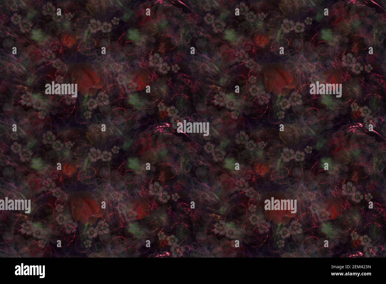 Dark seamless pattern with tulips and small flowers. Dark background. Stock Photo