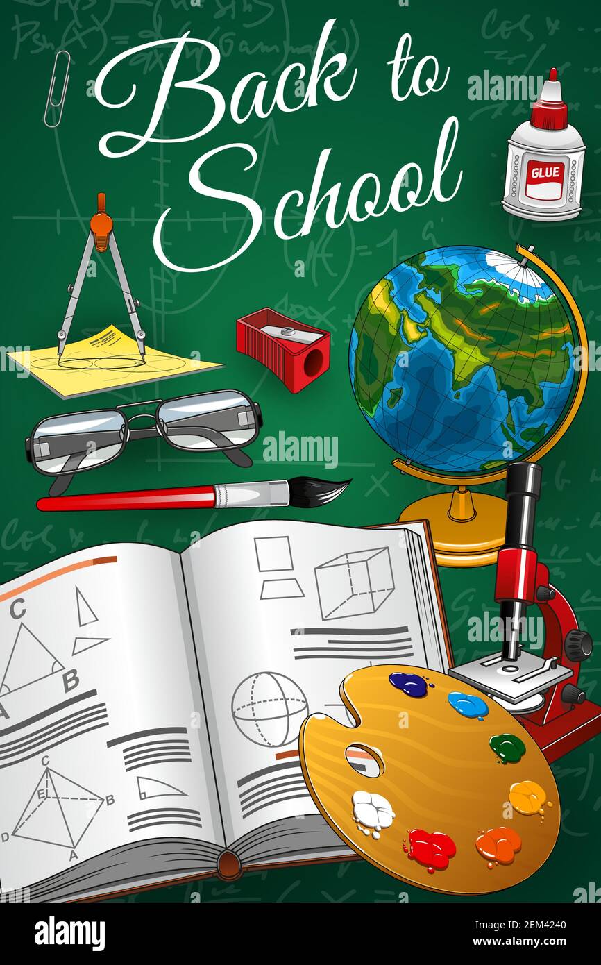 Chalkboard with back to school lettering and stationery tools. Vector ...