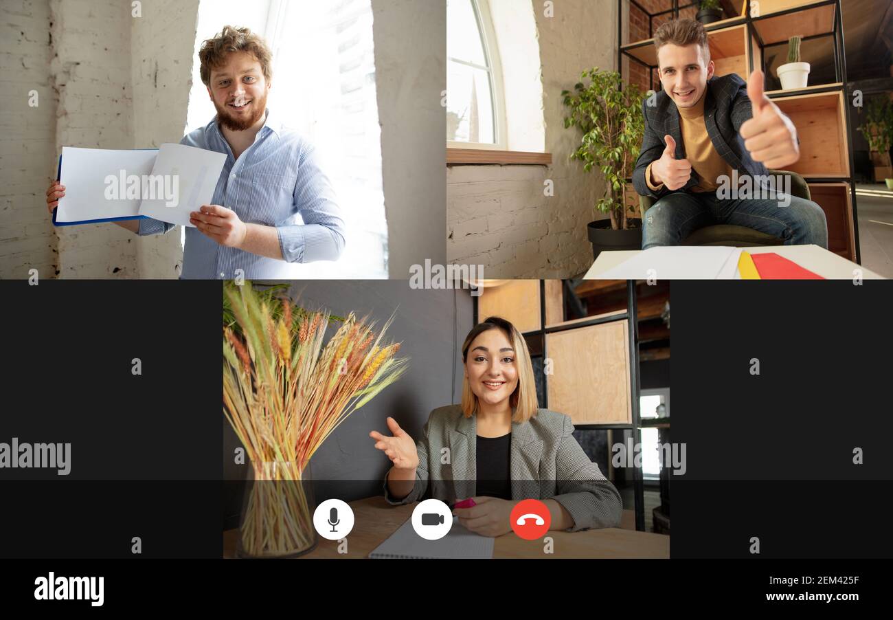 Team working by group video call share ideas brainstorming use video ...
