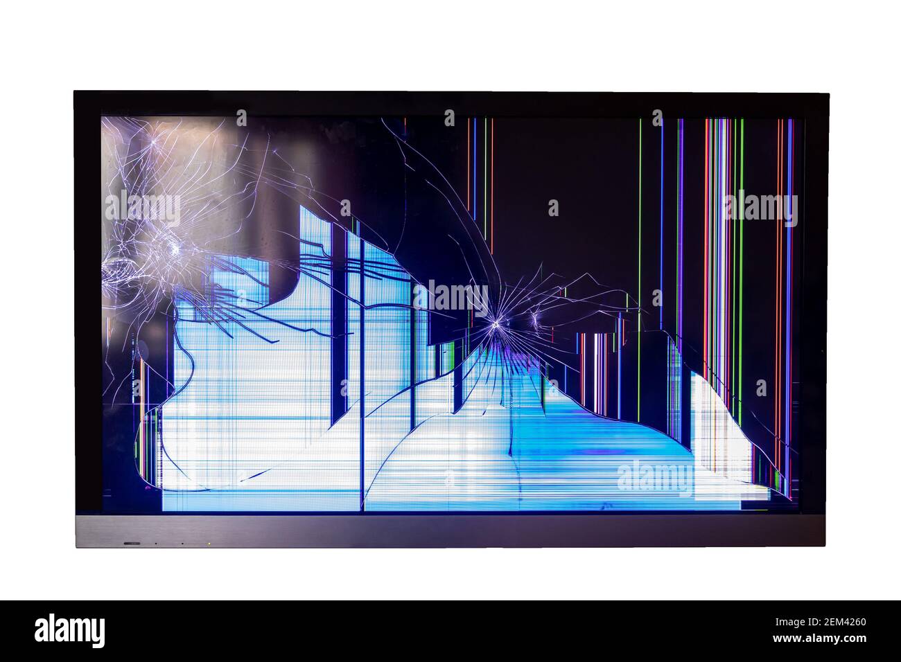 Broken glass plasma TV LCD screen on white isolated background. Stock Photo