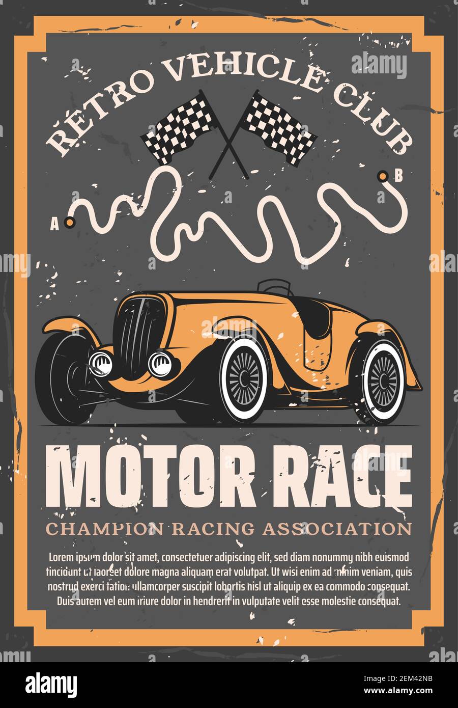 Retro Sport Car With Auto Racing Flags And Motorsport Racetrack Vector Design Vintage Vehicle Club Motor Show Rally Tournament Or Automobile Racing Stock Vector Image Art Alamy