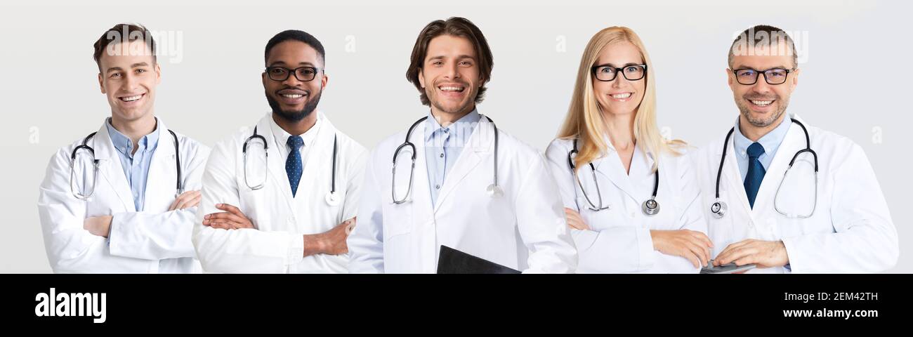 Collage Of Multiracial Doctors Portraits With Happy Medical Workers Stock Photo