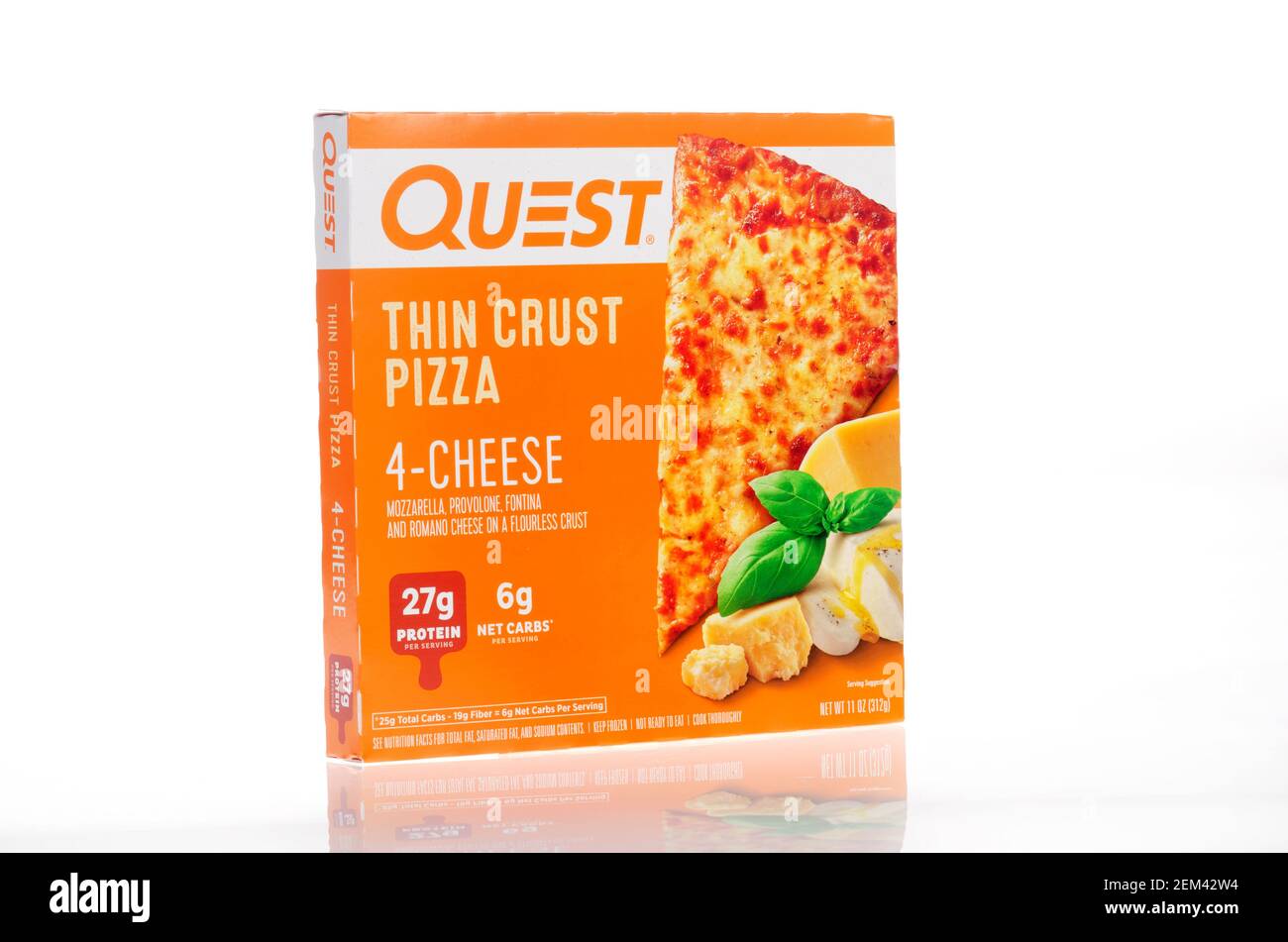 Quest Thin Crust Low Carbohydrate Frozen 4 Cheese Pizza Box Stock Photo